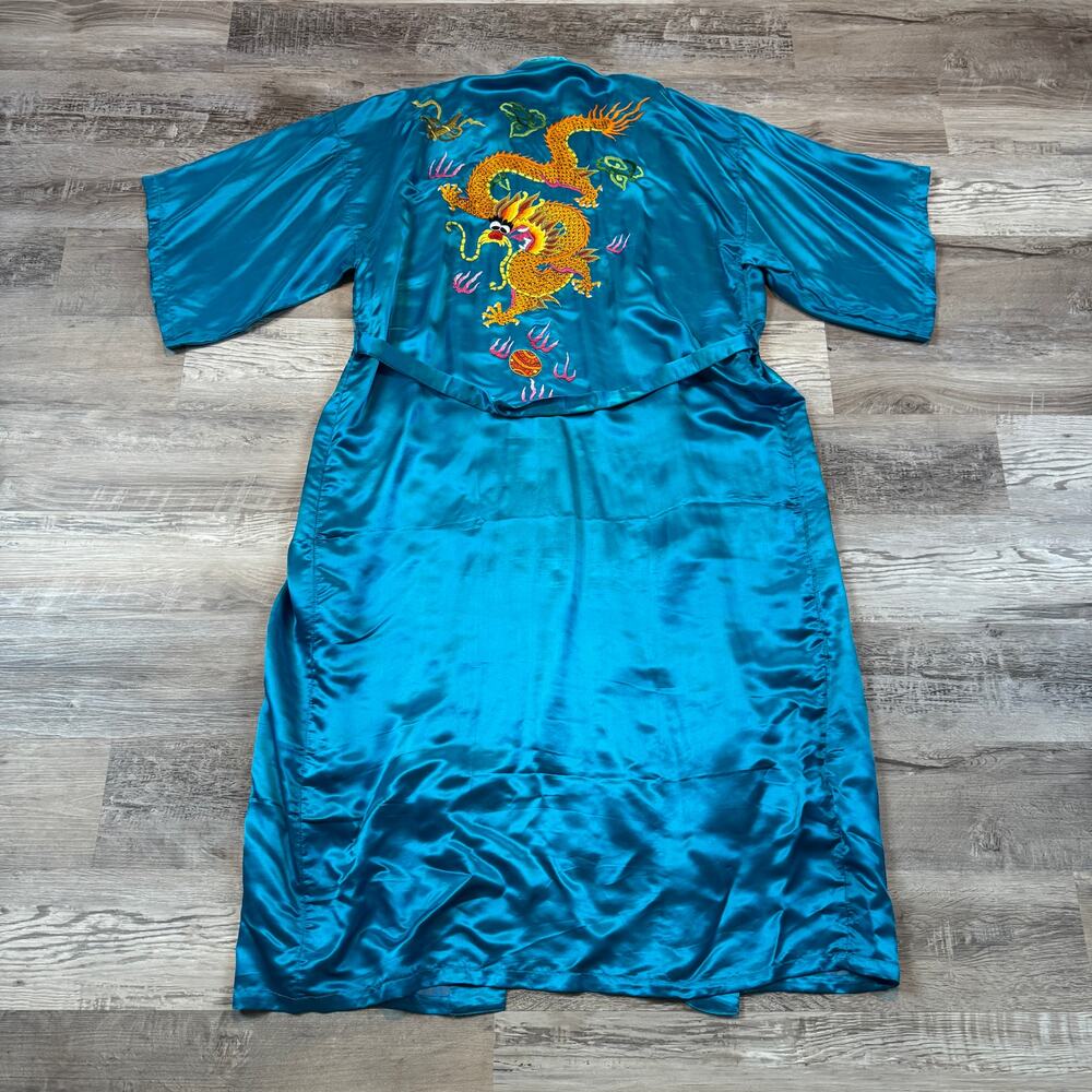 Vintage 80s Golden Deer Silk Dragon Robe Hand Embroidered Chinese Kimono L XL